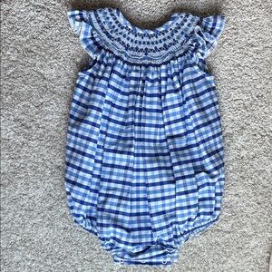 Blue and White Smocked Gingham Baby Romper